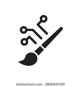 Vector illustration of a paintbrush drawing a circuit board line representing digital AI art, generative technology, and electronic design.