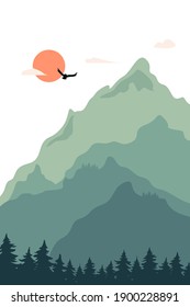 Ilustración vectorial, paisaje pintado, montañas y sol. Un bosque crece al pie de las montañas. Pájaro volador sobre el fondo de las montañas.