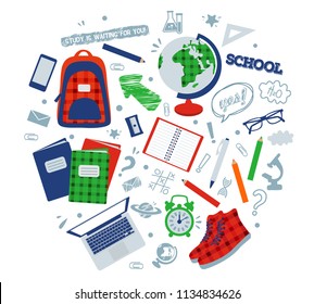 vector illustration of painted objects for school: backpack, globe, sneakers, microscope, textbooks, alarm clock, notepad, pencil, sharpener, pen, glasses, ruler