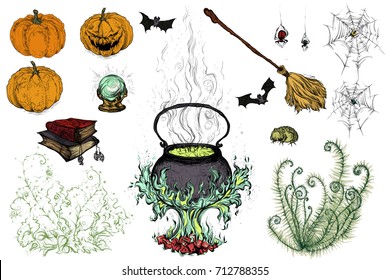 Vector illustration. Painted on a graphic tablet. Hand drawing.  A set of objects for Halloween.
