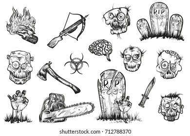 Vector illustration. Painted on a graphic tablet. Hand drawing. Isolated objects set of zombies.
