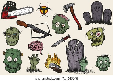 Vector illustration. Painted on a graphic tablet. Hand drawing. Isolated objects set of zombies. Color illustration on a white background.
