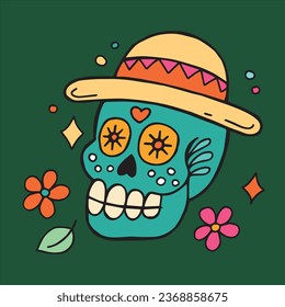 ilustración vectorial de un cráneo pintado para la festividad del día de los muertos. dibujo de estilo plano, dibujos animados