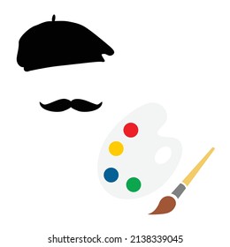 Vector illustration of painter in painter hat with mustache and holding paint palette and paintbrush. Painter icon. Painting symbol