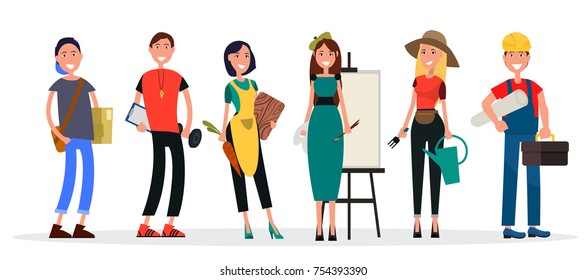 Vector illustration of painter near easel, physical teacher with dumbbell, housewife with carrot, student and builder, gardener with watering can.