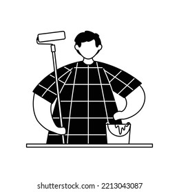 Vector illustration of a painter with a roller and a bucket of paint. Profession. Outline