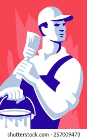 vector illustration of a painter worker tradesman witn paint brush holding paint can done in retro retro style.