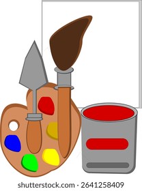 Vector illustration of painting tools including a wooden palette with blobs of red, blue, green, yellow paint, with a large paintbrush , palette knife, blank canvas and an open can of red paint.