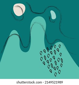 Ilustración vectorial con pinturas en estilo boho. Resumen de formas geométricas de acuarela de equilibrio, plantas, naturaleza, sol, luna. Diseño de portada, redes sociales, decoración. Colores de moda.