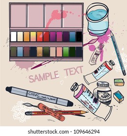vector illustration of a paints, brushes and other artists tools
