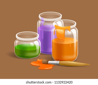 vector illustration of paints, paint cans, orange, blue, lilac, workshop, artist, green, yellow, brush,