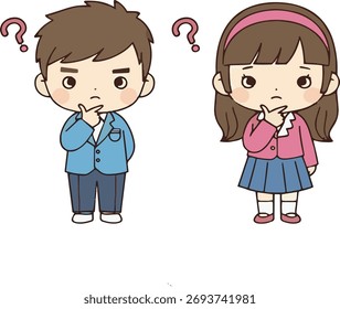 Vector illustration of a pair of adorable young adults (one male, one female) expressing confusion, difficulty, or seeking an answer. Their expressions should be thoughtful and perplexed. Use a bold