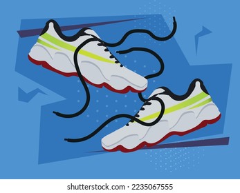 Vector illustration of a pair of athletic shoes on an active retro style background.