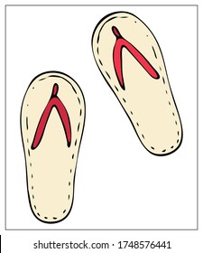 Ilustración vectorial con un par de sandalias de playa, chanclas. Dibujo estilizado para el diseño de su sitio web, logotipo, icono, aplicación, interfaz de usuario. Ilustración aislada de fondo blanco. Estilo de la caricatura