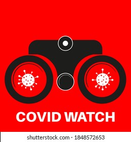 Ilustración vectorial de un par de binoculares que muestran el virus de la covida en un fondo blanco