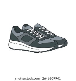 Vector illustration of a pair of black and gray running shoes with white laces and soles. Designed for athletic, casual wear, and sports-related graphic or design projects