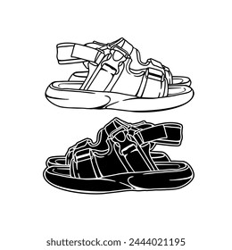 vector illustration of a pair of black and white hiking sandals on a white background