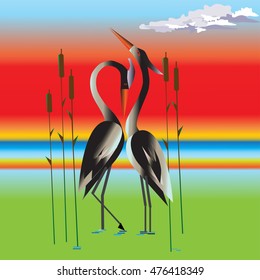 Vector illustration of a pair of black and white storks