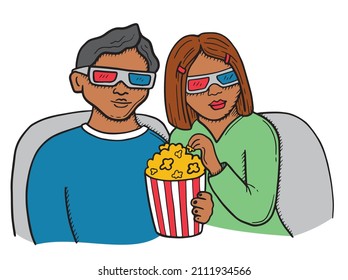 Vector illustration of a pair of blacks watching a movie. Cinema. Popcorn. Doodle style, hand drawing