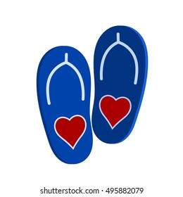 Vector illustration of a pair of blue slap a red heart. Symbol of love and affection. Beach shoes on a white background. Isolated object