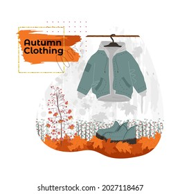 Vector illustration of pair boots and clothes on autumn foliage against a background of valley berries, with text. It can be used in labels advertisements etc. Concept autumn seasonal clothing, shoes