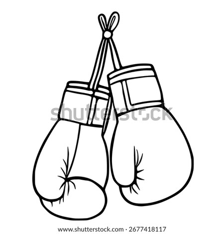 A vector illustration of a pair of boxing gloves hanging by a string, showcasing a bold black-and-white line art style with detailed stitching and a simple, elegant design.