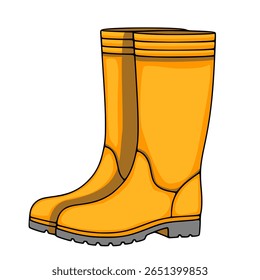 Vector illustration of a pair of bright orange rubber boots with brown details, showcasing a playful cartoon style perfect for childrens apparel or autumn-themed designs.