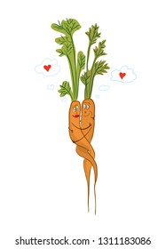 vector illustration with a pair of cheerful orange vegetables hugging each other / love-carrot