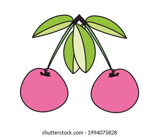 Vector illustration of a pair of cherries or sweet cherries in doodle style. Hand drawn badge and symbol for printing on baby clothes, sticker, textile design.