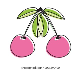 Vector illustration of a pair of cherries or sweet cherries in doodle style. Drawing with an offset outline. Hand drawn badge and symbol for printing on baby clothes, sticker, textile design.