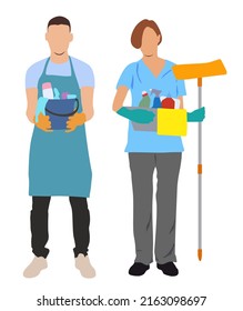vector illustration of pair of cleaning professionals, male and female	

