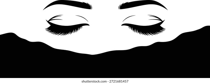 Ilustración vectorial de un par de ojos cerrados de mujer con el contorno inferior formando un paisaje montañoso que representa el sueño, el sueño, la paz y la naturaleza interior aislado en blanco