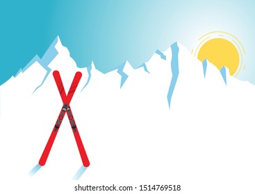 Vector illustration Pair of cross skis in snow with sun