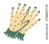 Vector illustration of a pair of cute yellow gardening gloves with pink polka dots and green cuffs. Isolated protective garden work apparel and botanical element in flat stylized style for gardening layouts, spring themes, or cottagecore designs.
