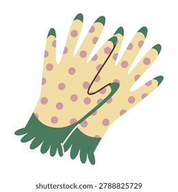 Vector illustration of a pair of cute yellow gardening gloves with pink polka dots and green cuffs. Isolated protective garden work apparel and botanical element in flat stylized style for gardening layouts, spring themes, or cottagecore designs.