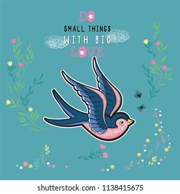 Vector illustration of pair of embroidered swallows with stitch imitation in retro tattoo style isolated on a green background with flowers