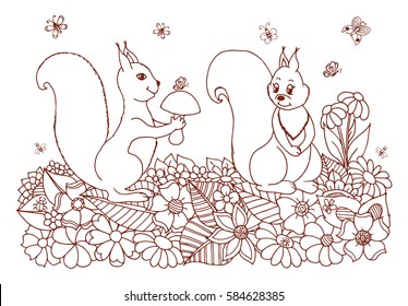Vector illustration a pair of enamored protein among the flowers. Work done by hand. Book Coloring anti-stress for adults and children. Brown and white