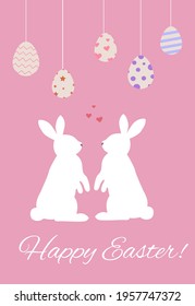 Vector illustration with a pair of enamored rabbits and colored eggs. Cool idea for greeting cards for Easter.