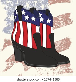 Vector illustration of pair of fashion cowboy leather boots for woman with a picture of the U.S. flag. 