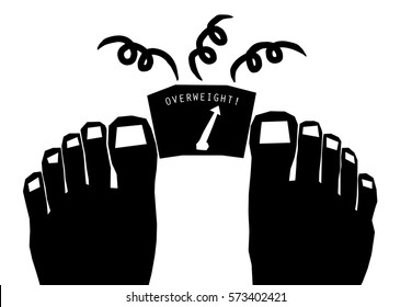 Vector illustration of a pair of feet standing on a weighing scale indicating overweight.
