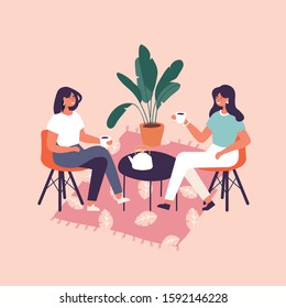 Vector illustration pair of female friends sitting at the table, drinking tea or coffee and talking. Coversetion and friendly meeting in a cafe