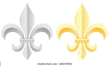 Vector illustration of a pair of fleurs-de-lis: one gold, one silver.