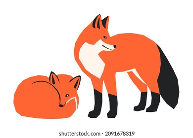 Vector illustration of a pair of foxes, one lies, one stands, simple and bright childish design