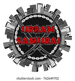 Vector illustration of the pair futuristic swords surrounded with a chain against the background of the street with skyscrapers and an inscription the urban Samurai. Vector color illustration.
