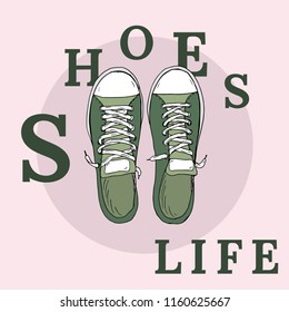 Vector illustration. A pair of green textile sneakers with a rubber toe and loose lacing on a pink background. Modern shoes, hipster style. Life of shoes.