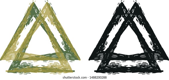 vector illustration of a pair of grunge engraved geometric symbols, triangles and valknut at the transparent background 