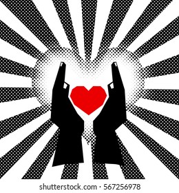 Vector illustration of a pair of hand embracing a red heart surrounded by a heart aura for valentine concept.