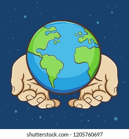 Vector illustration pair of hand holding planet earth, over blue background