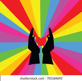 Vector illustration of a pair of hand holding a heart emitting rainbow color light ray for the concept: Universal Love.