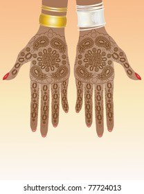 vector illustration of a pair of hands decorated in traditional design with henna natural dye in eps 10 format